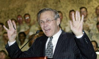 Don Rumsfeld celebrates his glorious victory over a mighty enemy.